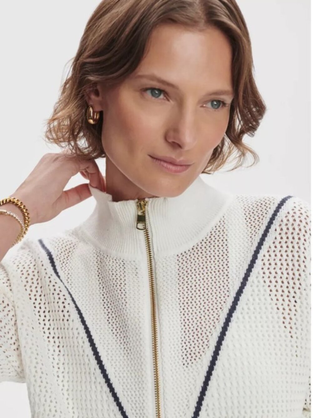 Varley "Calva" Knit Sweatshirt White Ivory Navy Half Zip Cotton Pullover - NWOT - Picture 3 of 12